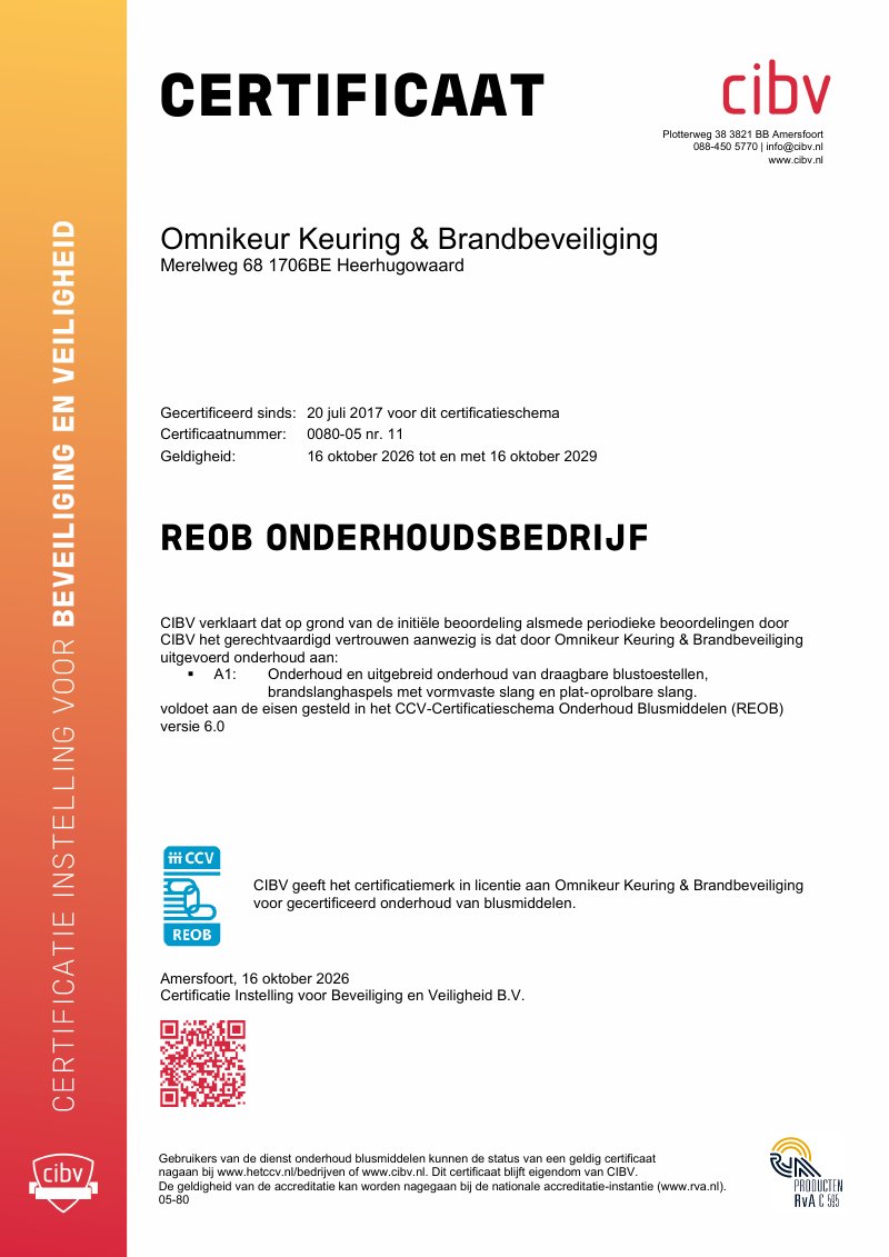 REOB-certificaat van Omnikeur Keuring & Brandbeveiliging, afgegeven door CIBV